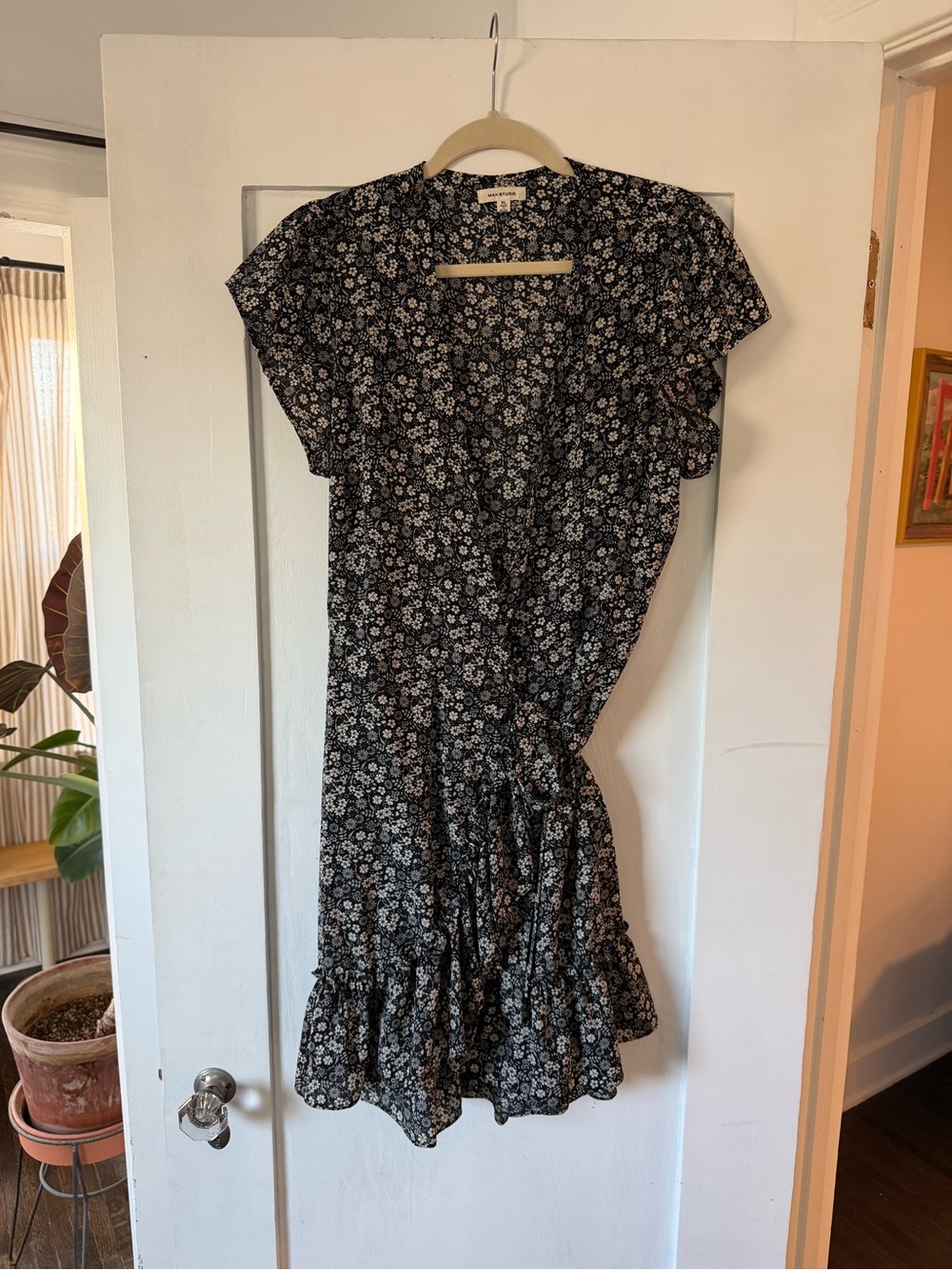 Max Studio Black Floral Wrap Mini Dress with Ruffle Hem